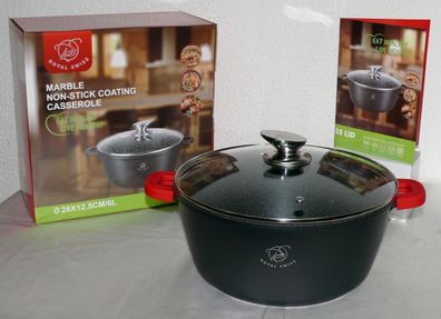 Royal Swiss Ø28cm 6L Koch Suppen Geschirr Casserole Topf Deckel Marmorschicht BK