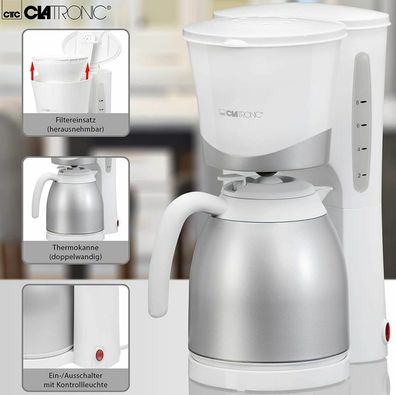 Clatronic KA3327 Kaffeeautomat 1L Thermos Kaffee Kanne Kaffeemaschine Weiß Silbe