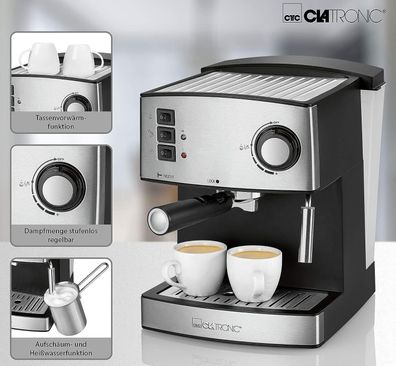 Clatronic ES3643 Espresso Cappuccino Pad Kaffee Automat 15Bar 850W 1,6L Edel BLK