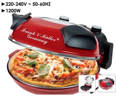 F&M Germany Pizza Express Ofen 1200W 350° Keramik Steinplatte Timer Vorheizt Rot
