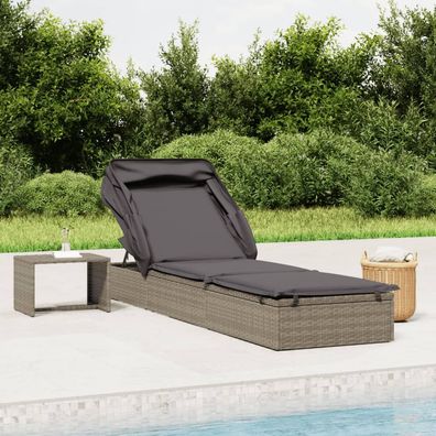 vidaXL Sonnenliege mit Faltdach Grau 213x63x97 cm Poly Rattan