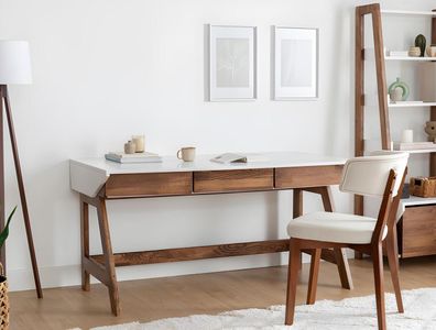 Weiß-Brauner Arbeitszimmer Schreibtisch Robuster Laptoptisch Holz Möbel