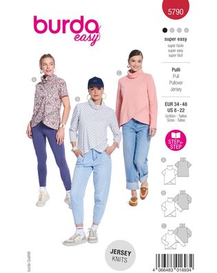 burda Schnittmuster Damen Langarmshirts mit Turtleneck & asymmetrischem Saum #5790 Gr