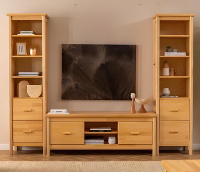 Luxuriöse Beige Wohnzimmer Garnitur RTV-Ständer 2x Holz Vitrinen 3tlg