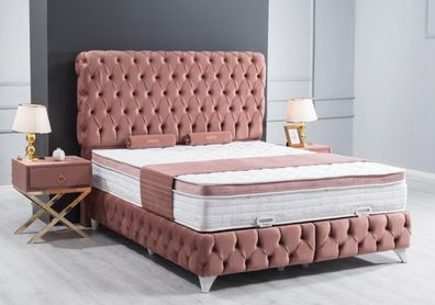 Schlafzimmer Rosa Chesterfield Bett Elegantes Design Luxus 2x Nachttische 3tlg