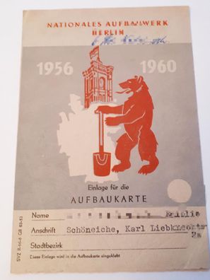 Einlage für die Aufbaukarte NAW Nationales Aufbauwerk Berlin 1956-1960