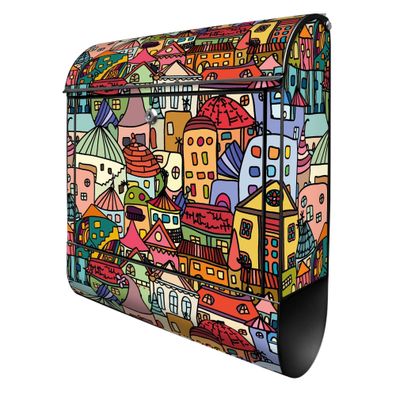 banjado® Design Briefkasten Stahl schwarz mit Zeitungsfach Motiv Funky Town