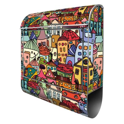 banjado® Design Briefkasten Stahl silber mit Zeitungsfach Motiv Funky Town