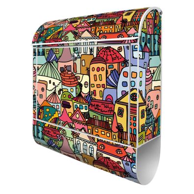 banjado® Design Briefkasten Stahl weiß mit Zeitungsfach Motiv Funky Town