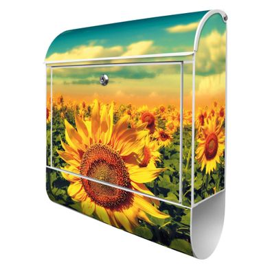 banjado® Design Briefkasten Stahl weiß mit Zeitungsfach Motiv Sonnenblumen