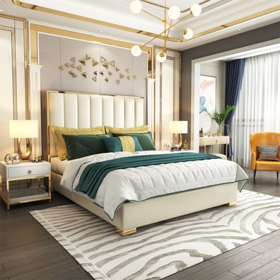 Klassisches Schlafzimmer Bett Weiß Textil Betten Leder Polster Doppel 180x200cm