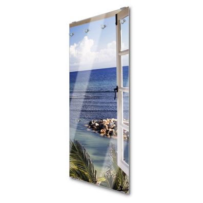 banjado® Garderobe groß Glas 7 Haken Motiv Fensterpanorama