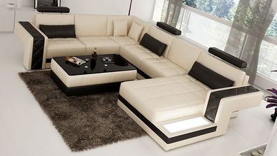 Beige Sofa Ecksofa Wohnlandschaft mit Regal Polster Sitz Garnitur Ledersofa USB