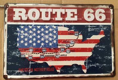 Blechschild Map Route 66 Landkarte Get your Kicks on Route 66 20x30 cm shabby