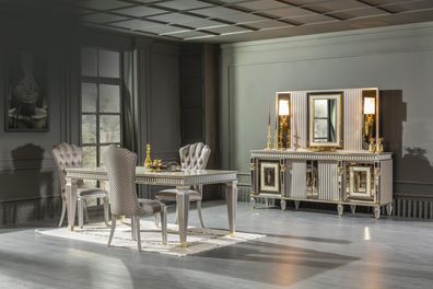 Esszimmer Set Grau 4x Stühle Esstisch Anrichte Spiegel Elegantes Design 7tlg