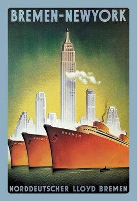 Blechschild 20x30 cm: Bremen - New York - Norddeutscher Lloyd - Sea Cruise