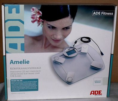 ADE AMELIE BA709 Glas Wellness Fitness Körperanalyse Diagnose Waage LCD USB UHR