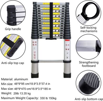 Wolfwise 4,7M Teleskopleiter Rutschfest Klapp Steh Mehrzweck Leiter ALU 48x470cm