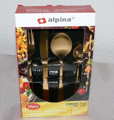 Alpina 16Tlg Besteck Set Golden Cutlery Edelstahl Gedeckter Tisch Gold Matt 4Per