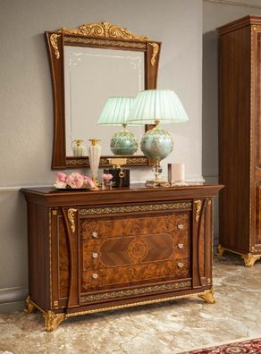 Kommoden Set Italienische Möbel 2tlg. Massivholz Kommode mit Spiegel Sideboard