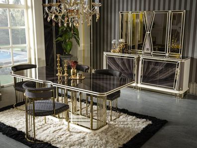Esszimmer Set Gold 4x Stühle Esstisch Kommode Spiegel Design 7tlg