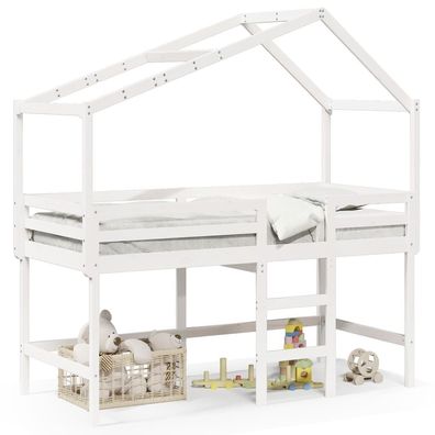 Hochbett mit Leiter und Dach Weiß 80x200 cm Massivholz Kiefer