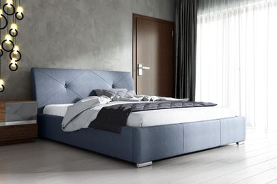 Blaues Polster Bett Doppel Hotel Betten Schlafzimmer Bettrahmen Stoff Blau Holz