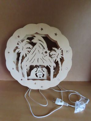 Fensterdeko Weihnachtskrippe Holz mit Lichterkette ca. 35 cm Ø