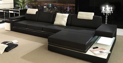 Design Wohnzimmer Couch Leder Sofa Polster Eck Textil Garnitur LED + USB Schwarz
