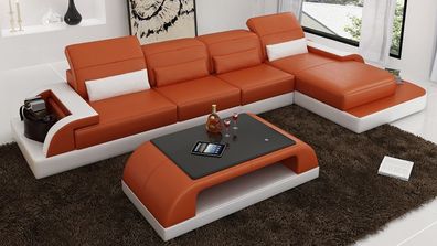 Ledersofa Couch Wohnlandschaft Ecksofa Eck Garnitur Design Sofa USB Orange Neu