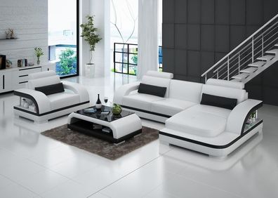 Ledersofa Couch Wohnlandschaft Ecksofa + Sessel Garnitur Modern Sofa LED + USB