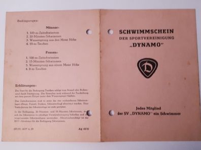 DDR Schwimmschein der SV Dynamo 1955