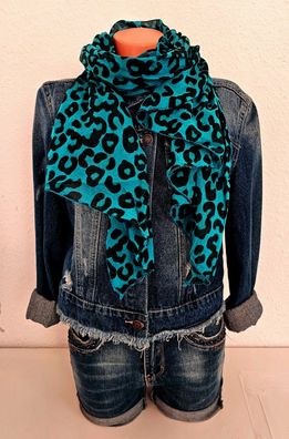 Italy Blogger Schal Tuch Halstuch Seide/Baumwolle Leoprint Petrol/Schwarz