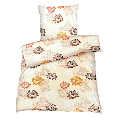 Hochwertige Biber Bettwäsche Baumwolle Blumen Beige Orange 2tlg. 4tlg. 135x200 80x80