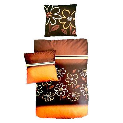 Baumwolle Satin Bettwäsche Blumen Orange Braun 155x220 80x80 Set 2tlg. 4tlg