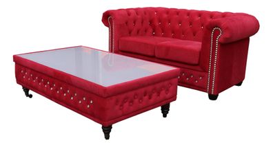 Chesterfield Textil Couch Polster 2 Sitzer Stoff Sofas Couchen Zweisitzer Rot