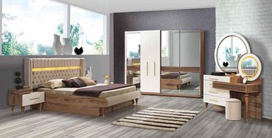 Schlafzimmer Set Luxus Bett 2x Nachttisch Kommode Kleiderschrank Holz Neu 5tlg