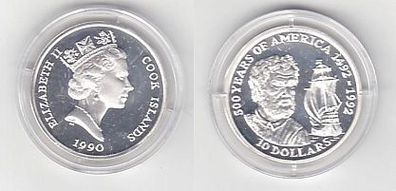 10 Dollar Silber Münze Cook Inseln 500 J. Amerika Schiff Kolumbus 1990 (104845)
