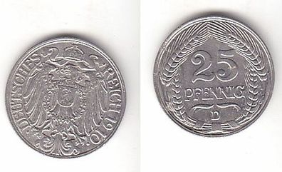 25 Pfennig Nickel Münze Deutsches Reich 1910 D, Jäger 18 (111988)