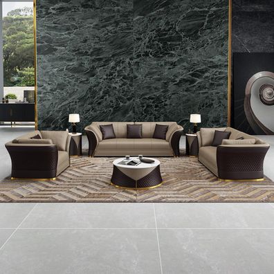 Sitzgarnitur 3 + 2 + 1 Sitzer Design Polster Sofas Leder Relax Moderne Neue Braun