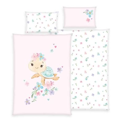 Herding Baby Kinder Renforce Bettwäsche Little Turtle rosa Blumen 100x135 cm