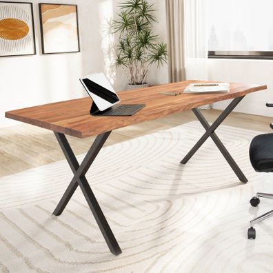 Wohnling Schreibtisch 120 cm Akazie Massivholz Bürotisch Computertisch Baumkante