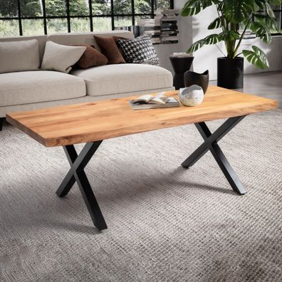 Wohnling Couchtisch 120 cm Akazie Massivholz Wohnzimmertisch Sofatisch Baumkante