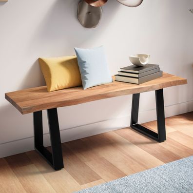 Wohnling Garderobenbank Akazie Massivholz 120 cm Sitzbank Baumkante Flurbank