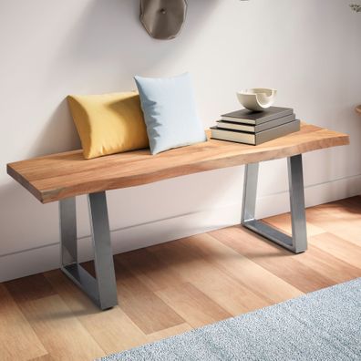 Wohnling Garderobenbank Akazie Massivholz 120 cm Sitzbank Baumkante Flurbank