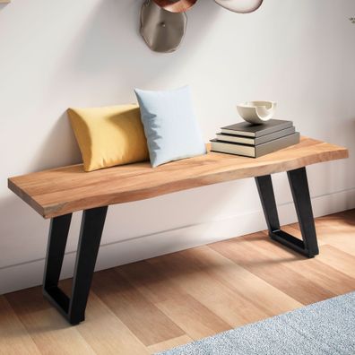 Wohnling Garderobenbank Akazie Massivholz 120 cm Sitzbank Baumkante Flurbank