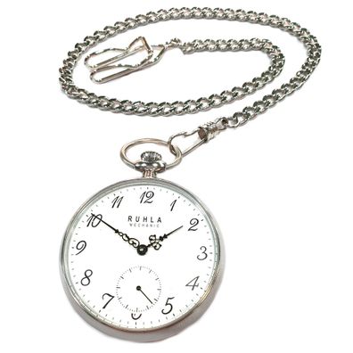 RUHLA 9660 Taschenuhr Handaufzug Glasboden kleine Sekunde mit Kette