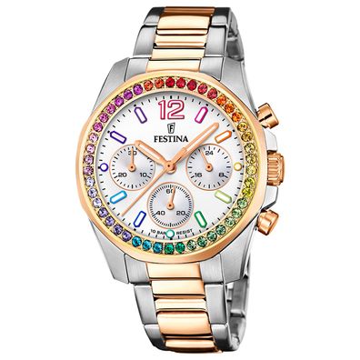 Festina Damen Uhr Chrono F20608-2 Edelstahl Bicolor Rainbow