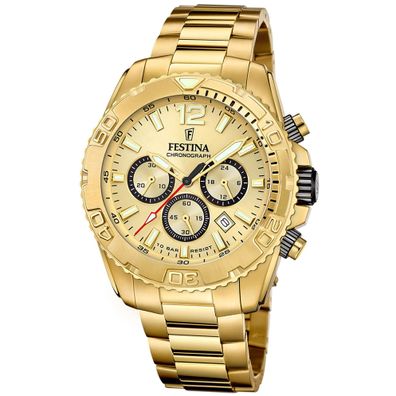 Festina Herren Armbanduhr F20684-1 Chrono Edelstahl 10 ATM Goldfarben