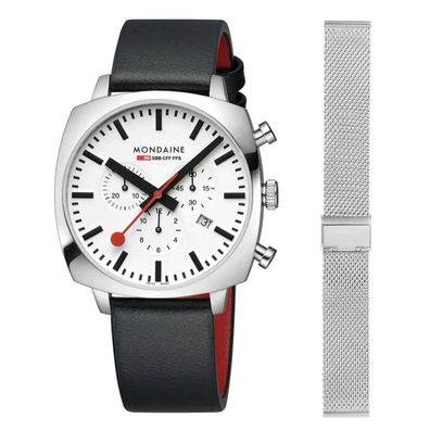 Mondaine Herren Armbanduhr Squar Chrono MSL.41410. LBV. SET Saphirglas, Wechselband